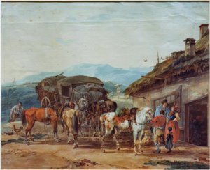 ツーリングカーの馬替え 作： Wilhelm von Kobell