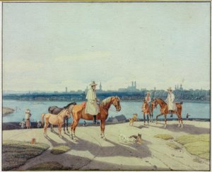 ミュンヘン前のイザールのほとりに立つライダー 作： Wilhelm von Kobell