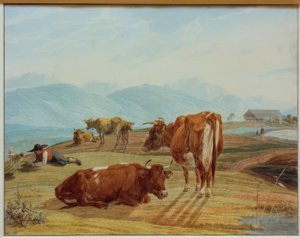 高山の風景の前に牛を放牧 作： Wilhelm von Kobell