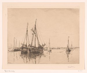 係留された 2 つのマスターを持つ港 ヘブン、ノルダーナイ (原題) 作： Willem Bastiaan Tholen (signed by artist)