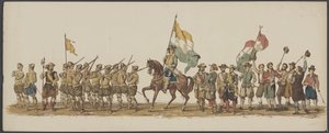 1862 年のデルフト パレード、第 1 グループと第 2 グループ デルフトのロイヤル アカデミーの第 4 ラストラム - Ao。 1862年 - 衣装を着たオプトグト (オブジェクトのシリーズタイトル) 作： Willem Bernardus IJzerdraat