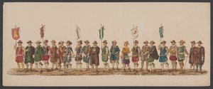 1862年のデルフトパレード、第5グループ デルフトのロイヤル アカデミーの第 4 ラストラム - Ao。 1862年 - 衣装を着たオプトグト (オブジェクトのシリーズタイトル) 作： Willem Bernardus IJzerdraat