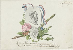 花、肖像メダリオン、リボンのビネット 作： Willem Bilderdijk