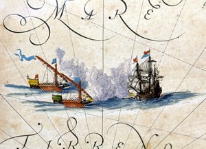 2隻のガレー船と1隻のカークの戦い。Willem Janszoon Blaeu（1571 - 1638）によるアトラス