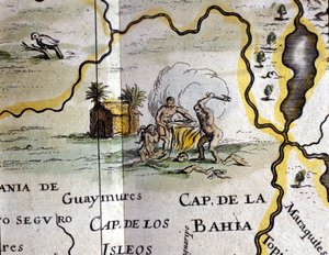 ブラジル。斧を持った男を表す人食い人種。W.Blaeuのアトラスの地図の詳細 作： Willem Blaeu