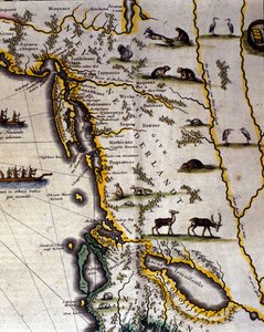 Wilhelm Blaeu（1571-1638）が17世紀に作成したオランダの地図に、アメリカとカナダの領土、毛皮をかぶった動物たちを描いたものです。中世の習慣で北が下になっています。 作： Willem Blaeu