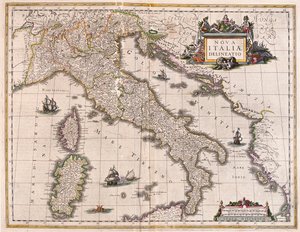 ウィレム・ブラウ著『Theatrum Orbis Terrarum, sive Atlas Novus』（アムステルダム）所収のイタリアとコルス。 作： Willem Blaeu