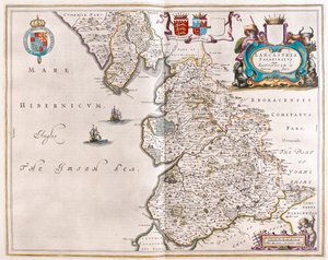 ランカスターとランカストシャー（アムステルダム、ウィレム・ブラウ著『Theatrum Orbis Terrarum, sive Atlas Novus』所収 作： Willem Blaeu