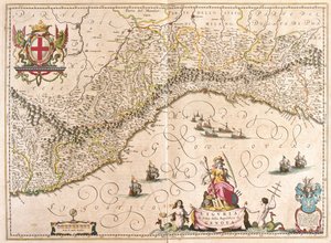 アムステルダム、ウィレム・ブラウの「Theatrum Orbis Terrarum, sive Atlas Novus」に掲載されたイタリア、リグーリア州。 作： Willem Blaeu