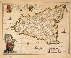ウィレム・ブラウによるシチリアの地図、『Regionum Italiae』より、エングレーヴィング