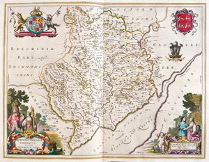ウィレム・ブラウ著「Theatrum Orbis Terrarum, sive Atlas Novus」（アムステルダム）所収のモンマス・シャー（イングランドとウェールズ）。 作： ウィレム・ブルー