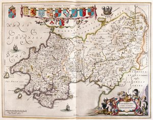 ペンブルックシャーとカーマーテンシャー（アムステルダム、ウィレム・ブラウ著『Theatrum Orbis Terrarum, sive Atlas Novus』所収 作： Willem Blaeu