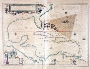 カリブ海：バミューダ群島、マイアミ、プエルトリコの間にバミューダ・トライアングルが見えます。Wilhelm BlaeuのAtlasによると 作： Willem Blaeu