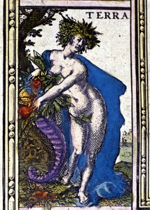 1655年にアムステルダムで印刷されたW.Blaeuのアトラスに描かれている4つの要素のうちの1つ、「地球」。 作： Willem Blaeu