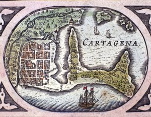 コロンビア（南アメリカ）のカルタヘナの風景。Willem Janszoon Blaeu（1571-1638）のアトラス「Le Theatre du Monde」の地図の詳細。 作： Willem Blaeu