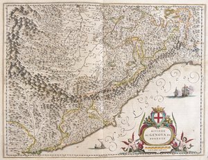 アムステルダム、ウィレム・ブラウの「Theatrum Orbis Terrarum, sive Atlas Novus」に描かれたイタリア、リグーリア州の西のリビエラ。 作： Willem Blaeu