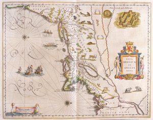 アムステルダム、ウィレム・ブラウ著『Theatrum Orbis Terrarum, sive Atlas Novus』所収、アメリカ合衆国の極北東海岸線 作： Willem Blaeu