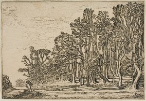 板生け垣と木を運ぶ男のある風景 作： Willem Buytewech