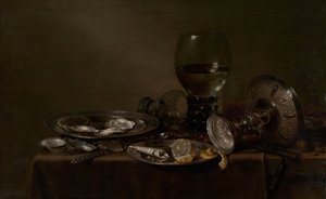 オイスター、シルバータッツァ、グラスウェアのある静物、1635年。 作： Willem Claesz. Heda