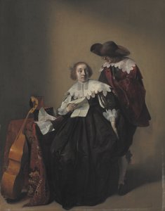 手紙を持って座っている女性、そばに立つ紳士
