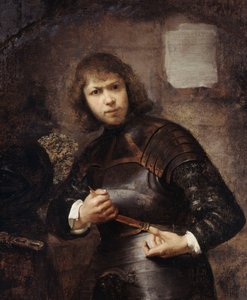 4分の3の長さに立って、彼のベルトを締めている兵士、 作： Willem Drost