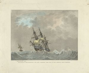 高波の帆船 ブリックを取り付けます。 ジブの前を走るレンズのオランダの戦争フリゲート艦と近くのサンゴ礁の大きなマンセール (オブジェクトのタイトル)