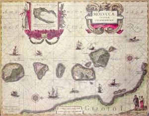 ジョルクスホンディウスによって彫刻されたモルカン島の地図、1630年（カラー彫刻）