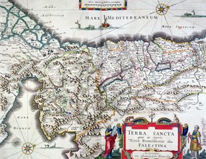 1629年にアムステルダムで公開された聖地の地図（カラー彫刻）