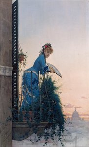 ローマに面したバルコニーで優雅な美しさ、遠くに聖ペテロのドームがある 作： Willem Johannes Martens