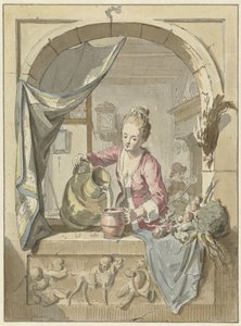 窓際の水差しからミルクを注ぐ女性 作： Willem Joseph Laquy