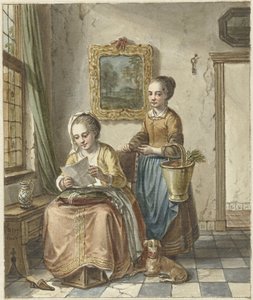 手紙を読んで、メイドと座っている女性 作： Willem Joseph Laquy