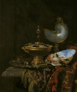 Pronk Still Life with Holbein Bowl, Nautilus Cup, Glass Goblet and Fruit Dish 作： Willem Kalf