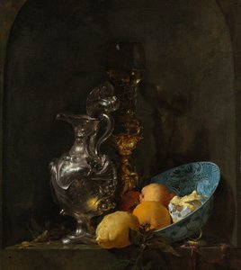銀の水差しと磁器の鉢のある静物画