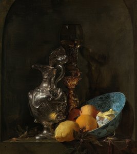 銀の水差しと磁器のボウルのある静物。 1655-60