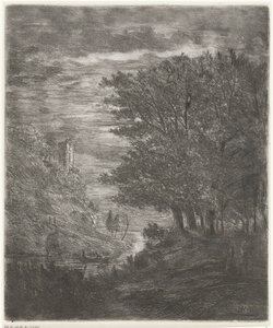 月明かりの下で水上に遺跡とボートがある丘陵の風景 作： Willem Matthias Jan van Dielen