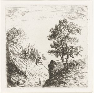 岩の上に 2 本の木がある丘陵の風景 作： Willem Matthias Jan van Dielen