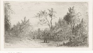 森の端にウォーカーと犬がいる丘陵の風景 作： Willem Matthias Jan van Dielen
