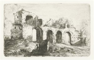 廃墟と牛を連れた羊飼いのいる南部の風景 作： Willem Matthias Jan van Dielen