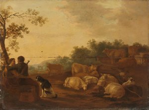 羊飼い、羊飼い、牛のいる風景 作： Willem Ossenbeeck