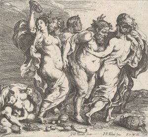 1632年、ニンフとサテュロスを伴った酔ったシレノス。 作： Willem Panneels