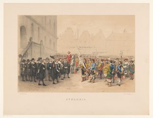 1856年のユトレヒト仮面舞踏会の第3グループ 政府 (オブジェクトのタイトル) 17 世紀中頃、H.H. 6 月 25 日、Utrechtsche Hoogeschool の 220 周年を記念して、Mutua Fides のメンバーである学生たち 作： Willem Pieter Hoevenaar