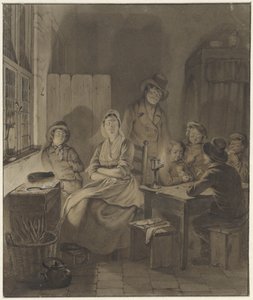 ろうそくの明かりでテーブルを囲む人々 のグループとインテリア 作： Willem Pieter Hoevenaar
