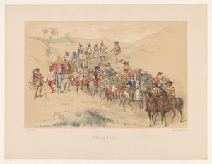 1856年のユトレヒト仮面舞踏会の第4グループ コロニー (オブジェクトのタイトル) 17 世紀中頃、H.H. 学生、Mutua Fides のメンバー、Utrechtsche Hoogeschool の 220 周年を記念して、デン 25. 6 月 作： Willem Pieter Hoevenaar