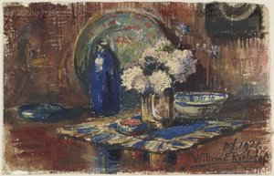 青いボトルと花瓶のある静物 作： Willem Roelofs (II)