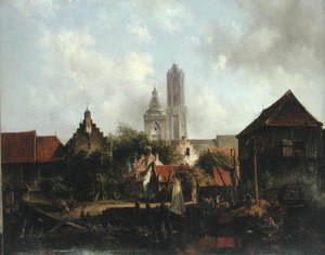 ユトレヒトのいる運河の風景」（油彩・キャンバス） 作： Willem Roelofs