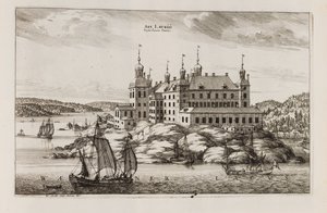 ヴェーネルン湖側から見たレッコ城。『Suecia antiqua et hodierna』より 作： ウィレム・スウィッデ