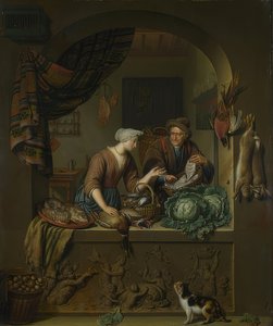 女性と台所で魚屋。 1713 作： Willem Van Mieris