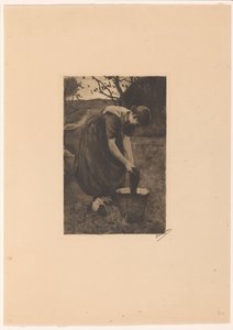 農家の妻がバケツで織物を洗う 作： Willem Witsen (signed by artist)