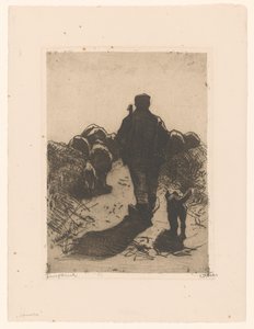 彼の群れの後ろに犬と羊飼い 作： Willem Witsen (signed by artist)
