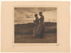 エーデの風景の中で立っている 2 人の編み物職人 作： Willem Witsen (signed by artist)